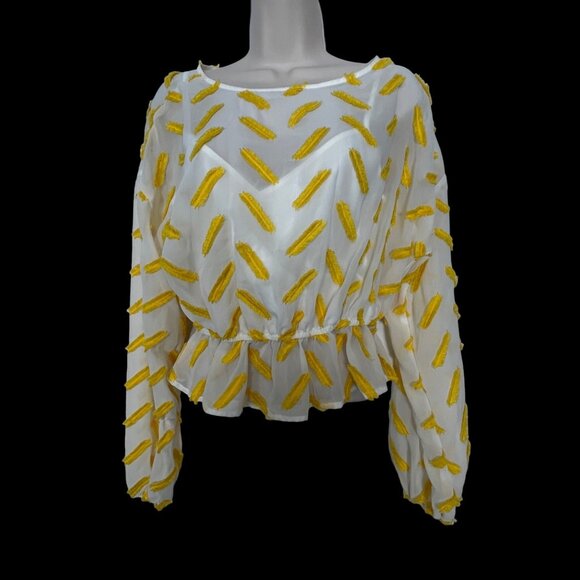 Ali & Jay Yellow Textured Long Sleeve Peplum Blouse S Polyester - Picture 1 of 10